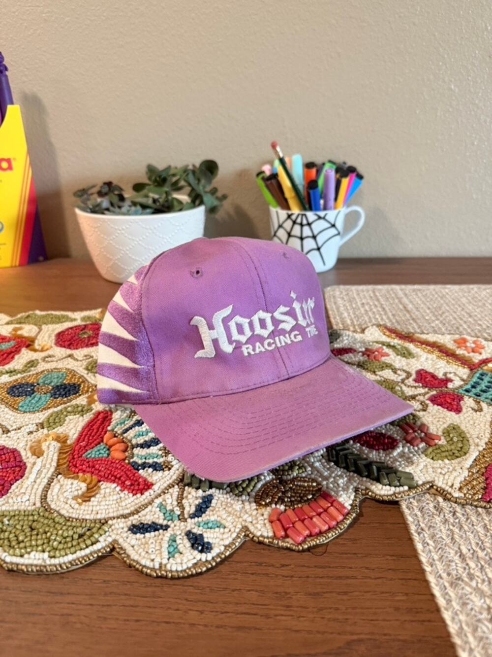 90s Hoosier Racing Tires Vintage White Pink Diamond Snapback Hat Nascar Chase